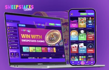 Sweepstakes Casino interface displayed on tablet and mobile phone