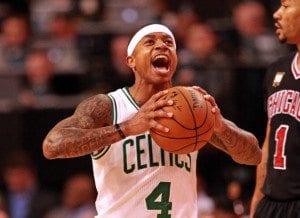 ( Boston, MA,01/22/16) Boston Celtics guard Isaiah Thomas (4) screams after the foul as the Celtics take on the Bulls at the Garden. Friday, January 22, 2016. (Staff photo by Stuart Cahill)