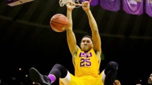 Nov 16, 2015; Baton Rouge, LA, USA; LSU Tigers forward Ben Simmons (25) slam dunks against the Kennesaw State Owls during the first half of a game at the Pete Maravich Assembly Center. Mandatory Credit: Derick E. Hingle-USA TODAY Sports