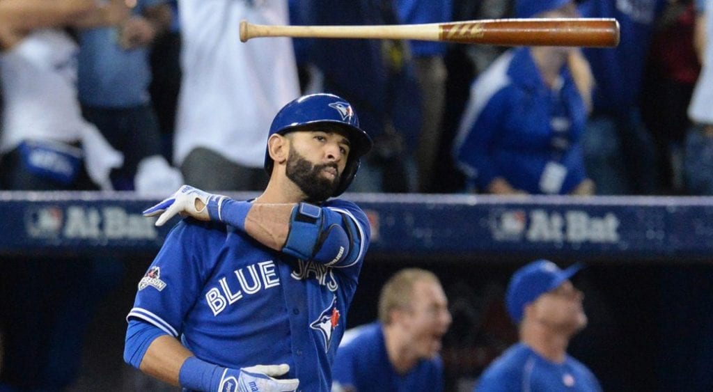 Jose Bautista will forever be remembered in baseball lore for his ALCS Game 5 bat flip after a go ahead three run dinger in the bottom of the 7th inning. Photo courtesy of Chris Young of the CP. 