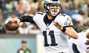 (Aug 11, 2016; Philadelphia, PA, USA; Philadelphia Eagles quarterback Carson Wentz (11) throws a pass against the Tampa Bay Buccaneers during the third quarter at Lincoln Financial Field. Mandatory Credit: Eric Hartline-USA TODAY Sports)