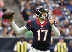 Houston Texans quarterback Brock Osweiler (17) throws against the Tennessee Titans during the first half of an NFL football game, Sunday, Oct. 2, 2016, in Houston. (AP Photo/Eric Christian Smith)