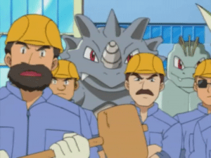Pokemon and Construction Workers gather together and grimace.