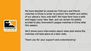 Overwatch League Chinese Homestand Cancelled until March