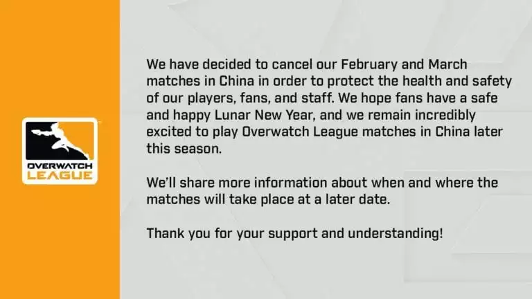 Overwatch League Chinese Homestand Cancelled until March