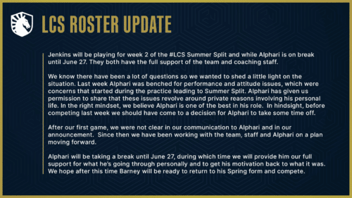 Team Liquid bench Alphari until June 27 due to attitude and performance issues.