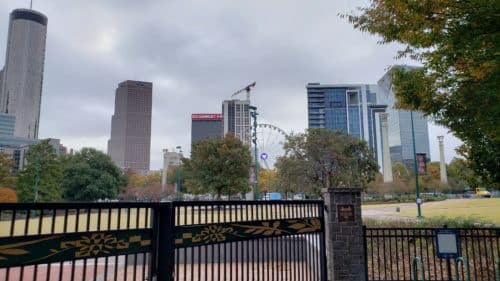 SkyView Atlanta's ferris wheel stands out among the skycrapers, with the Worlds 2022 logo at the center. 